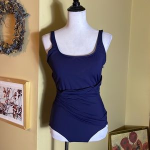 DKNY Size 14  Elegant Classic Swimsuit Wrap Layered Mallot ScoopNeck $89 NEW